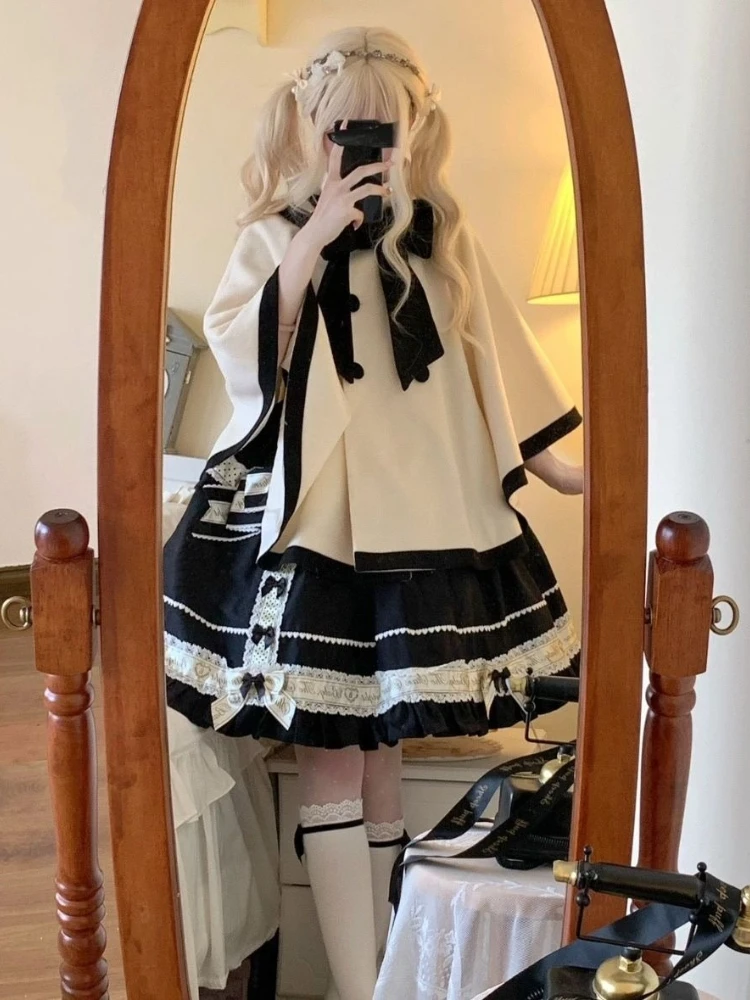 

Лолита Kawaill в стиле принцессы, новинка, кружево с бантом в стиле Харадзюку, повседневное тонкое женское свободное милое пальто в полоску с рукавами миди