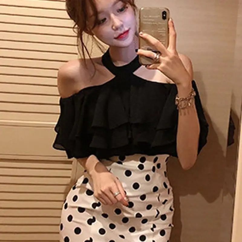 Off Shoulder Halter Sexy Chiffon Blouse New 2022 Korean Ruffles Summer Woman Shirt Short Sleeve Solid Loose White Black Tops