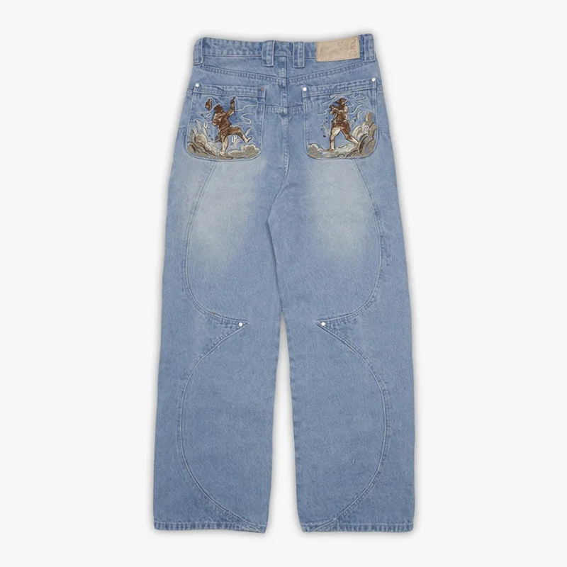 

Y2K Distressed Washed Jeans Retro West Cowboy Pattern Pockets Embroidery Straight Leg Jeans Men Women Casual Fashion Streetwear