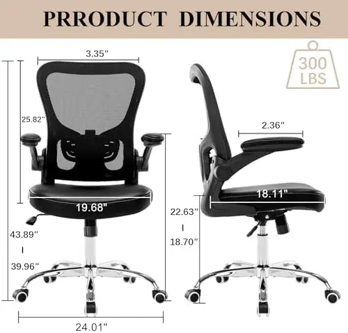 Kursi kantor, kursi meja ergonomis, kursi komputer jaring, sandaran tangan lipat kulit PU, kursi kantor rumah dengan penopang pinggang, Adju