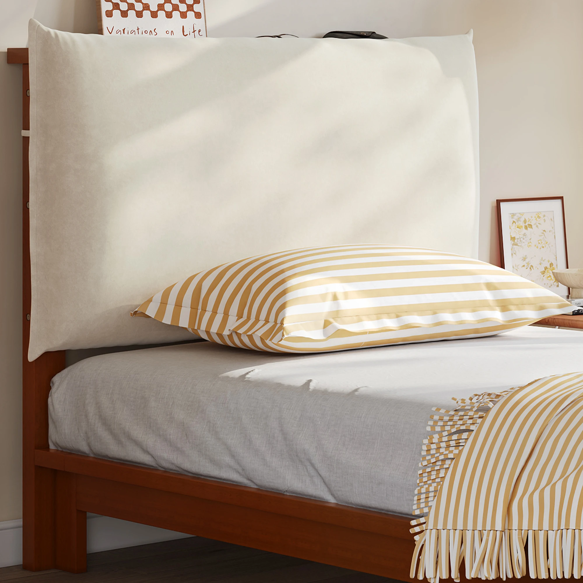 PINGGO Dunkelbraunes Polsterbett Einzelbett 90x200cm Samt-Kopfteil Stabiler Lattenrost Verbreiterte Beine Ohne Matratze – Detail 2