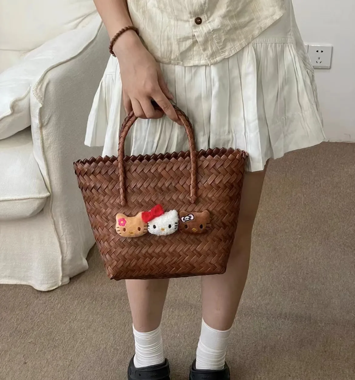 Hello Kitty Summer Black Skin Woven Tote Bag Girl Fashion KT Imitation Rattan Woven Shoulder Bag Handcrafted Cute Basket Handbag