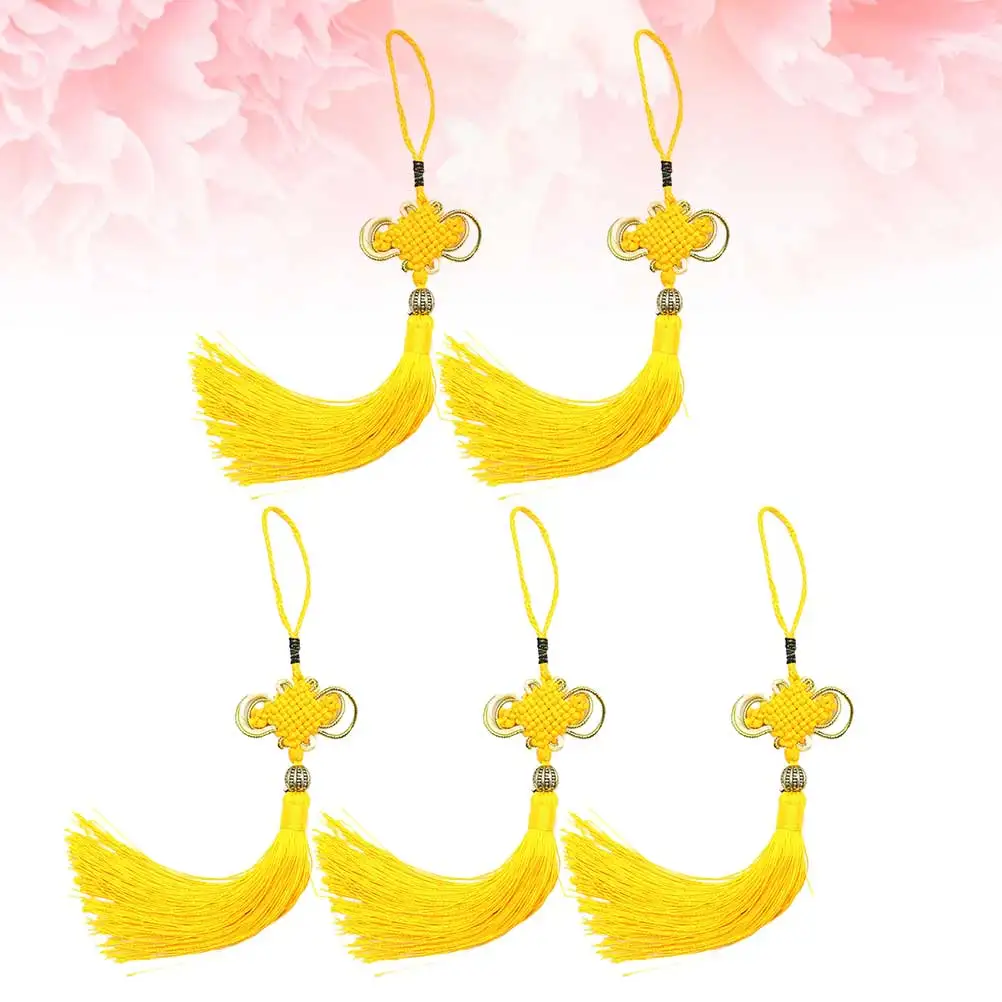 

5Pcs Gold Trim Chinese Knot Pendant with Tassel Premium Hanging Car Decor for Good Luck and Beautiful Mood Brightening Auto