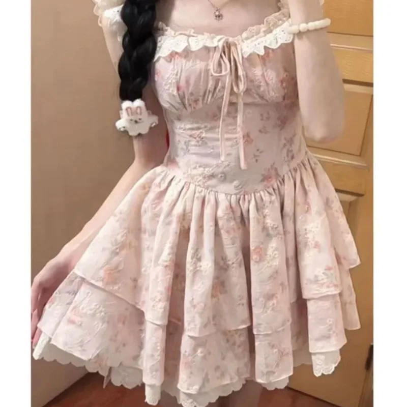 2025 nuevo verano dulce estampado Floral estilo francés manga acampanada cintura ceñida vestido delgado Lolita princesa vestido de baile mujeres Mini vestido