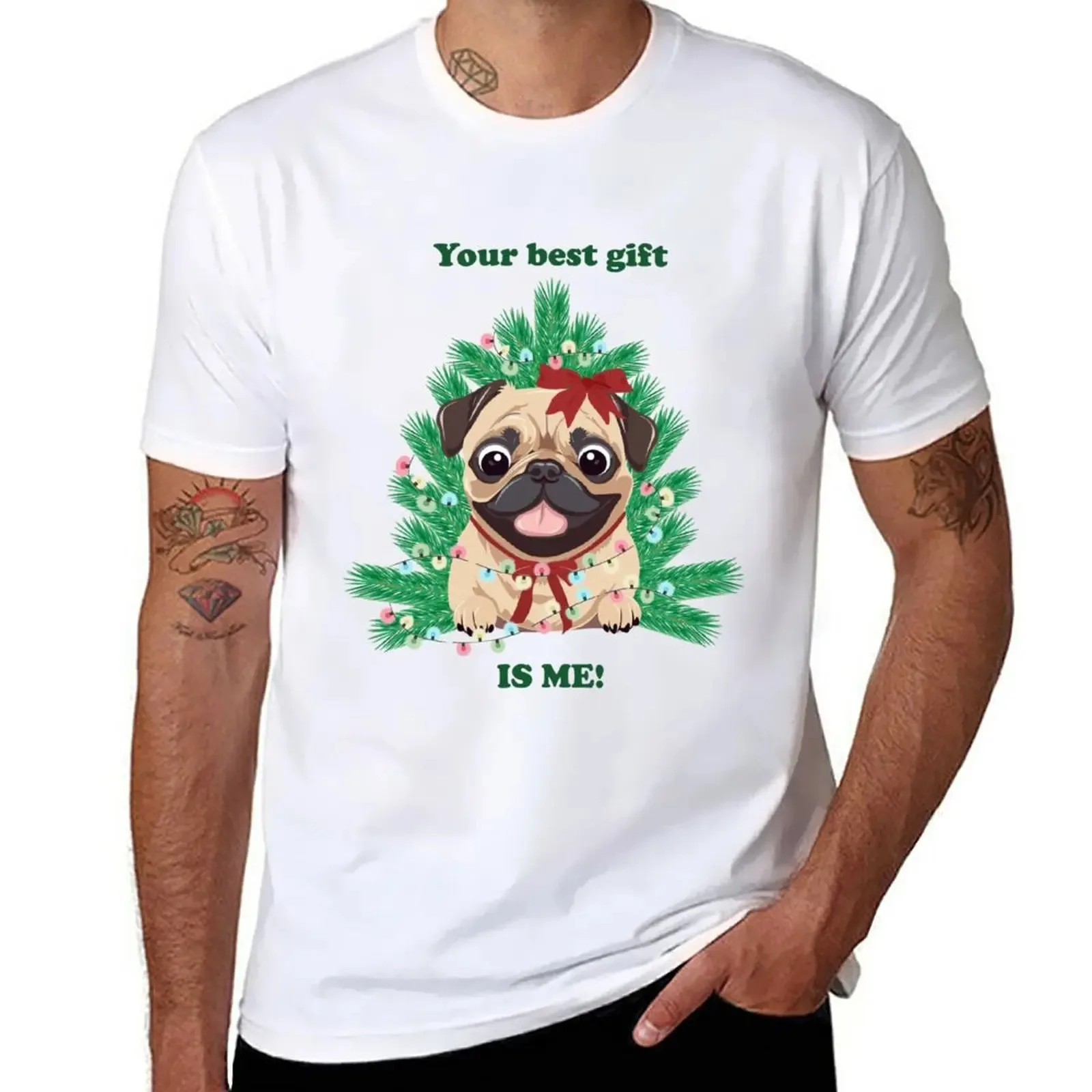 New Year's card with pug, Christmas tree, garlands, bow T-Shirt tops oversized t shirts sweat shirts mens t shirt