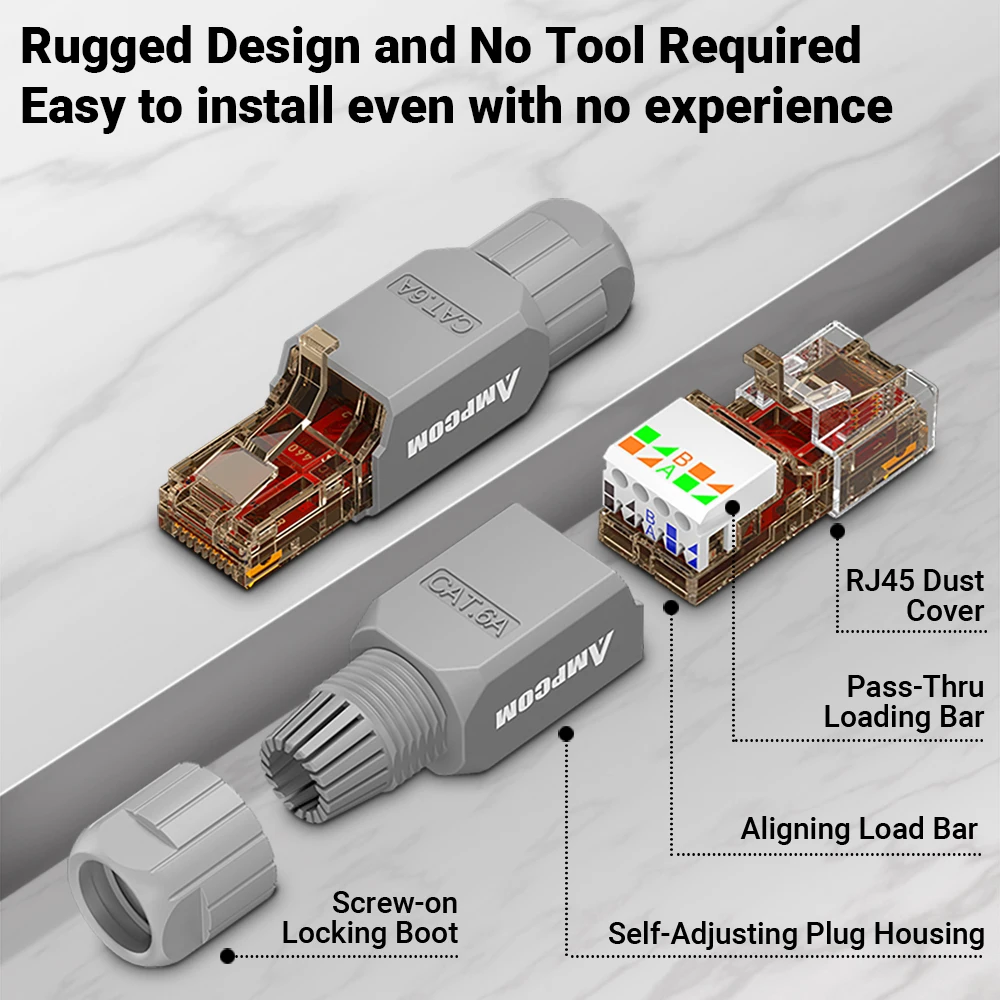 AMPCOM RJ45 Connector Tool Free CAT6A CAT6 10Gbps UTP Field Modular Plug Tool free Ethernet Reusable Termination Lan Plugs 1pcs