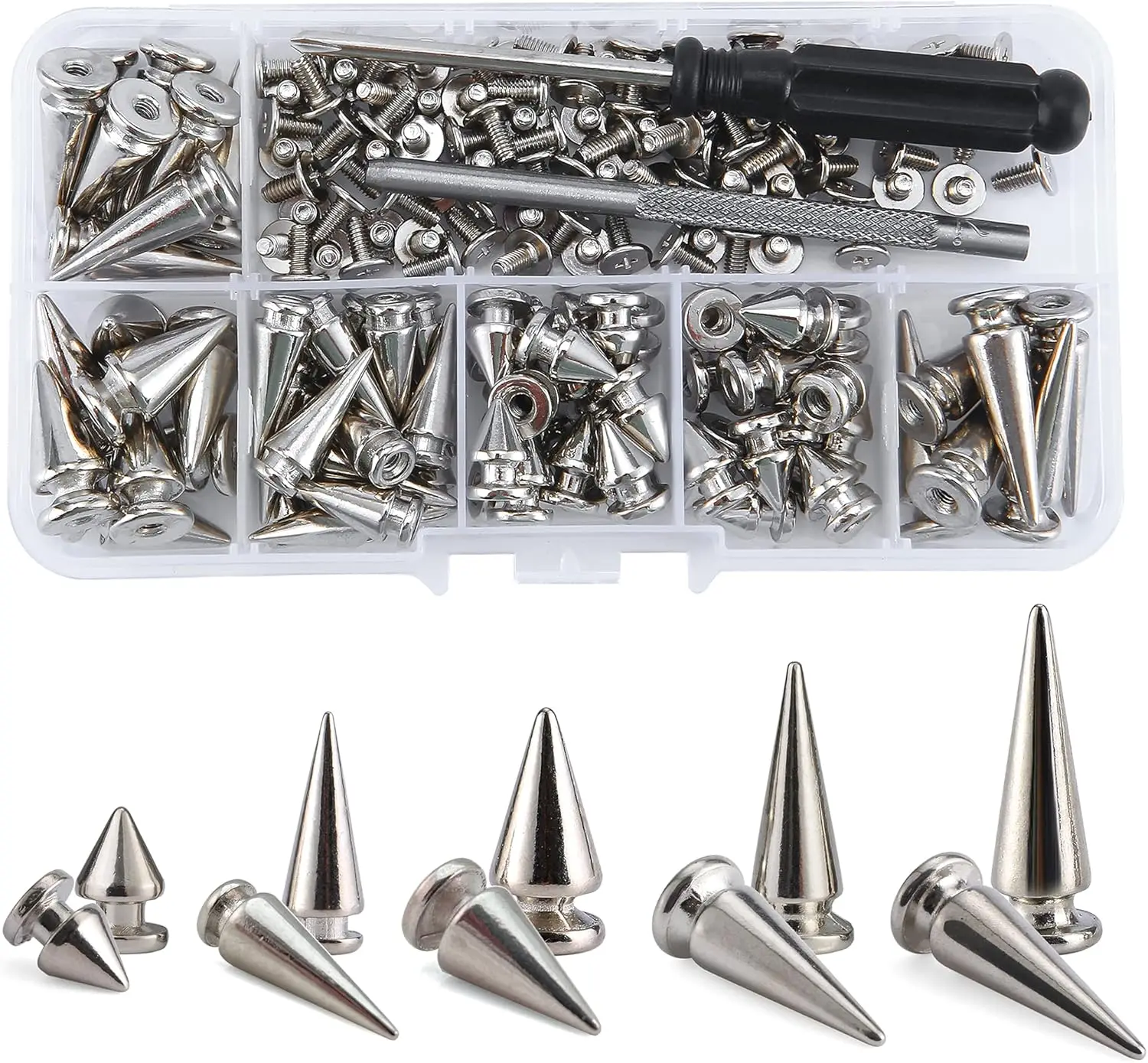 70 Sets Mixed Shape Spikes and Studs Assorted Sizes for Clothing - Silver Color Screw Back Bullet Tree Rivet for Leather Craft,