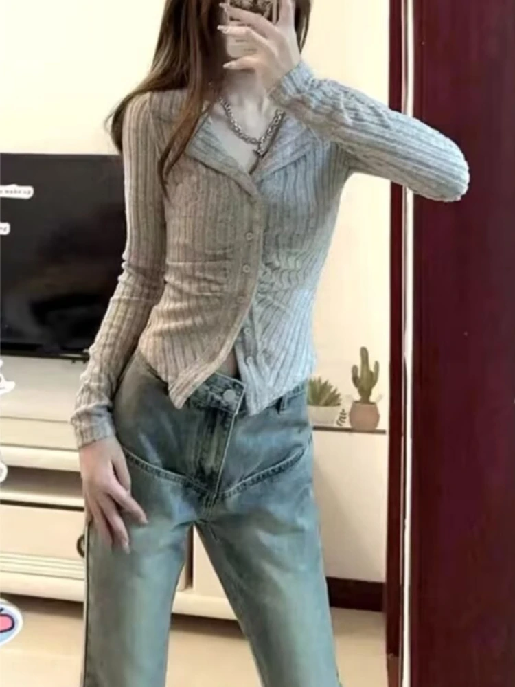 سترة نسائية بياقة مقلوبة بسيطة ريترو مريحة بأكمام طويلة حياكة هاراجوكو Ins ملابس كورية محاصيل أنيقة للخريف الأنثوي #2