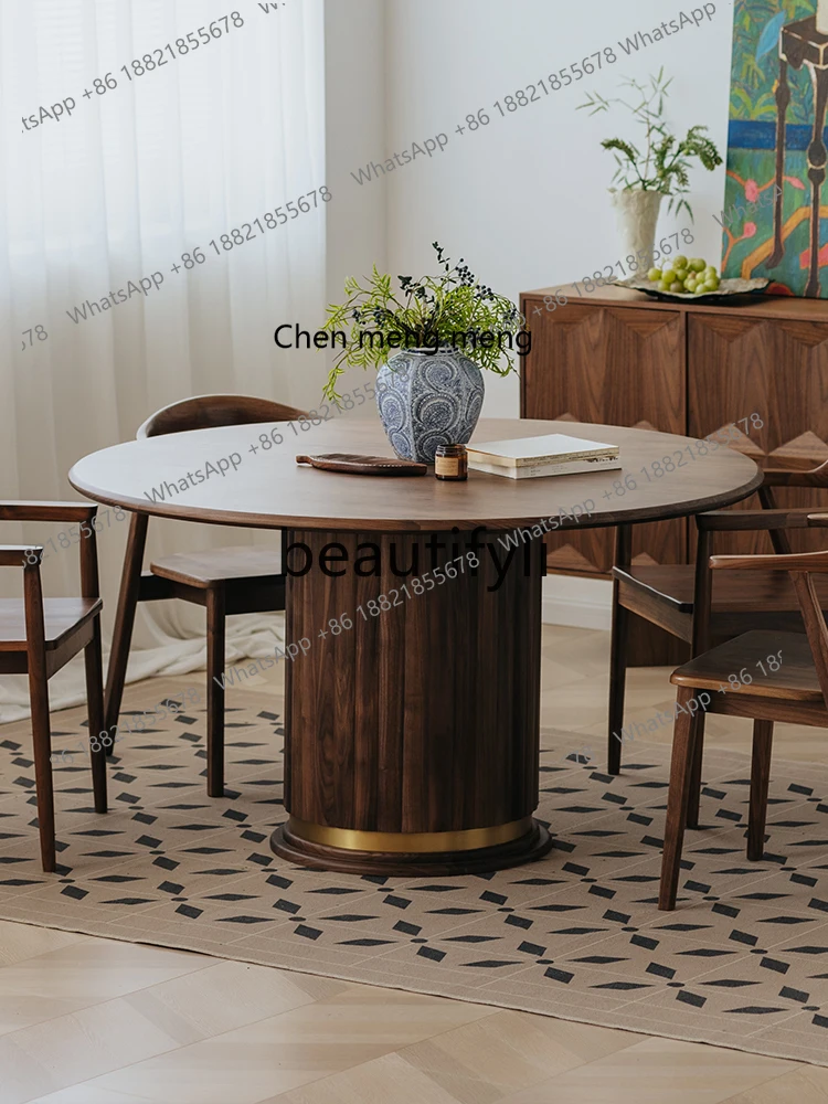 X Round Table Black Walnut Retro Household Dining Table with Turntable Round Solid Wood Dining Table and Chair Set