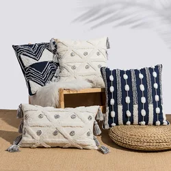 Boho Embroidered Cushion Cover Geometric Tufted Tassels Throw Pillow Covers Dark Blue Gray Decorative Cushions for Sofa Bedroom