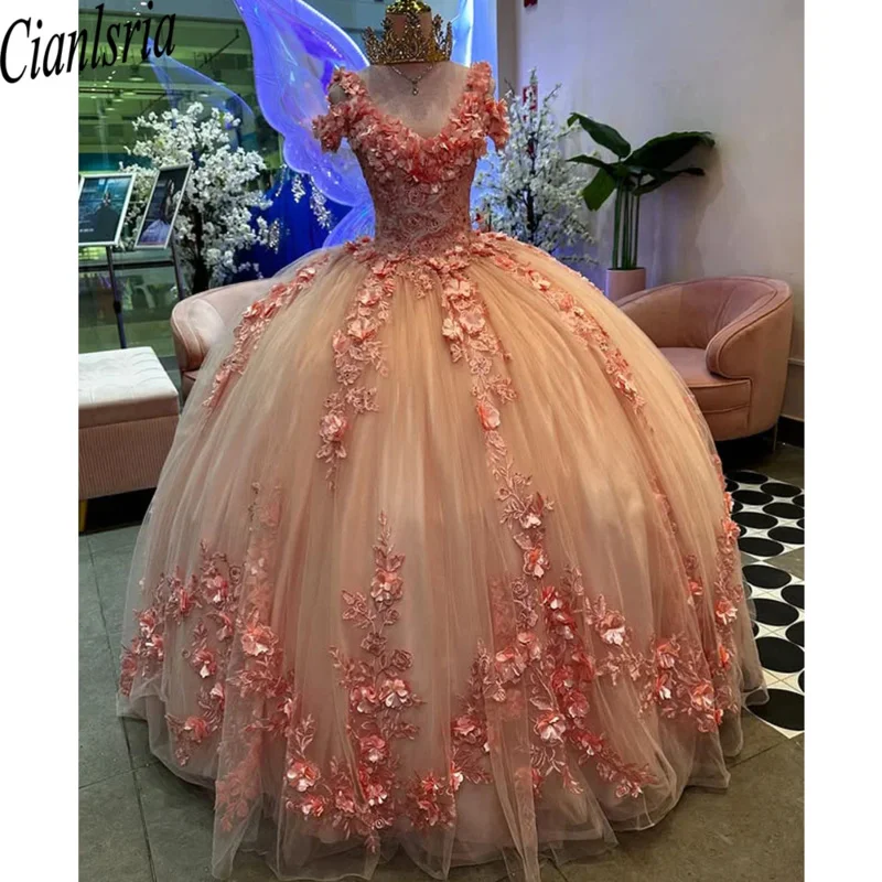 فساتين Quinceanera الوردية اللامعة مزينة بالدانتيل على شكل زهرة فيستدوس دي 15 أنوس مشد ذيل الأميرة لحفلات أعياد الميلاد