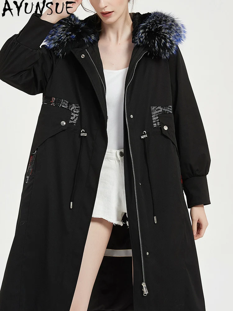 AYUNSUE Rex Rabbit Fur Parka Women 2025 Real Fur Coats Winter Clothes Mid-length Trench Coat Warm Fox Fur Collar Шуба Женская