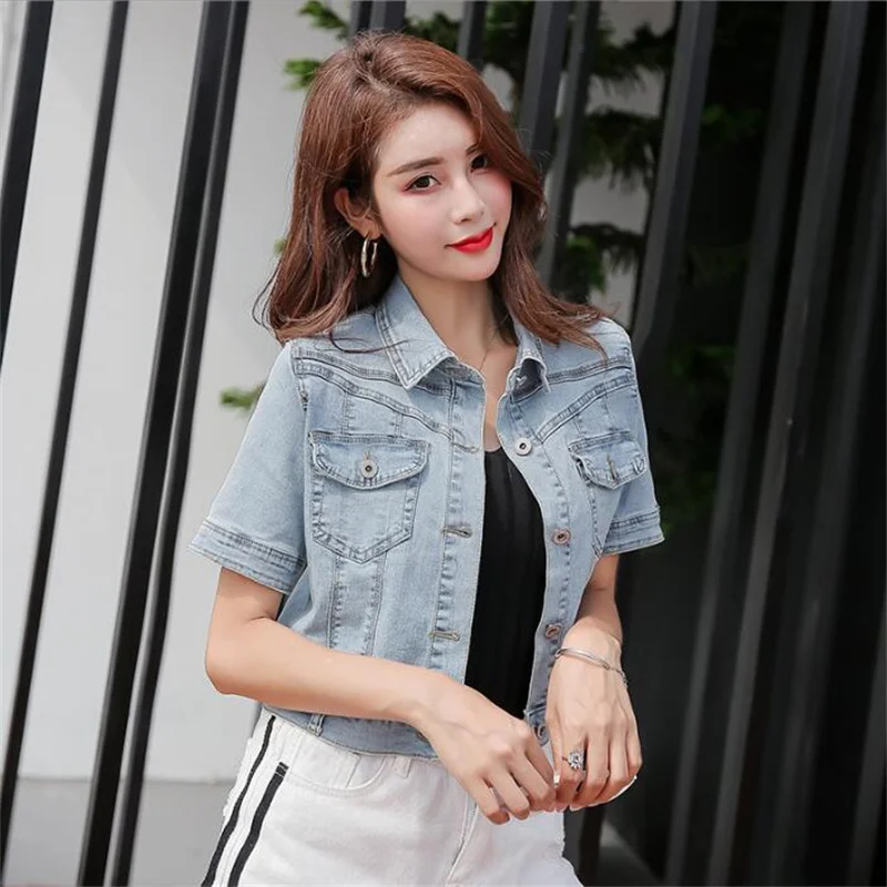 Denim เสื้อผู้หญิงแขนสั้นเสื้อแจ็คเก็ตผู้หญิงยืดหยุ่นสบาย Denim Coat Chaqueta Vaquera Mujer Veste กางเกงยีนส์ Femme