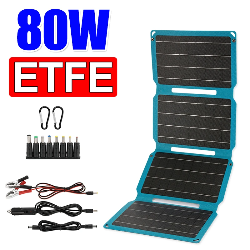 

80W Portable ETFE Solar Panel Folding Bag Outdoor Waterptoof Power Bank USB + DC + Type C Output Sun Power Cells for Phone