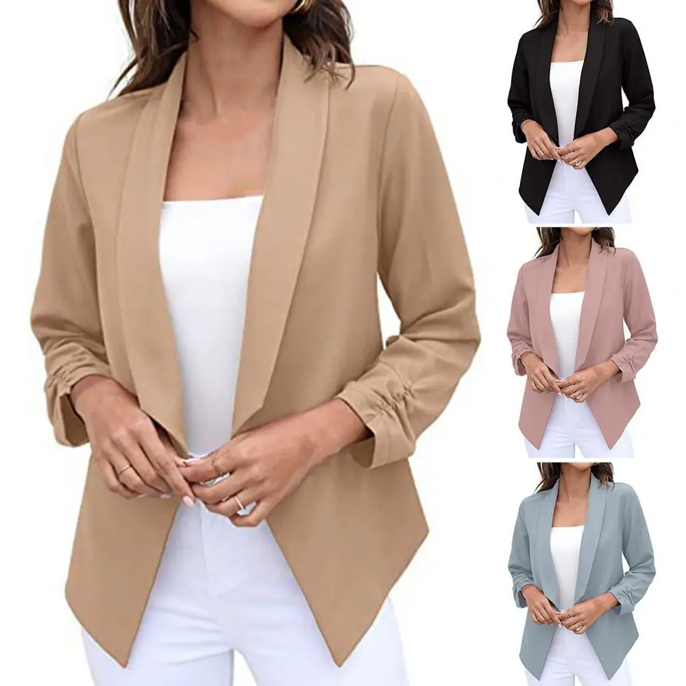 

Pleated Cuffs Shrinkage Design Long Sleeve Women Blazer Irregular Hem Office Work Lapel Open Front Cardigan Blazer Outerwear