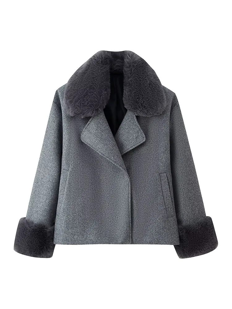 HH mujer moda invierno manga larga adorno de piel sintética traje de una sola botonadura solapa Chaqueta corta mujer ocio estilo callejero abrigo