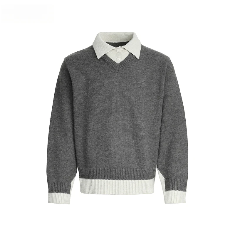 

Поддельный свитер из двух частей с лацканами, мужской осенне-зимний повседневный свободный вязаный пуловер с длинными рукавами для мужчин