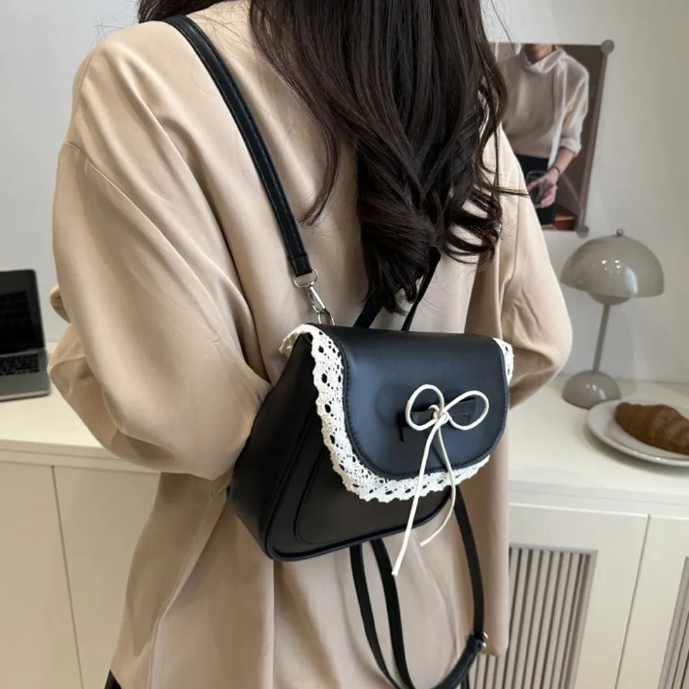Simple Mini Lace Bow Backpack Kawali Korean Style PU Leather Bag Elegant with Handle Shouder Bag Students