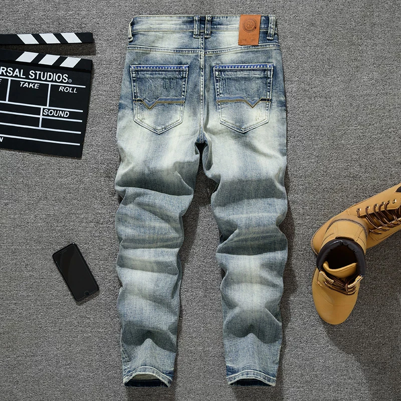Italian fashion new jeans retro scratch elastic slim fit light blue jeans men's casual designer straight leg pants Hombre