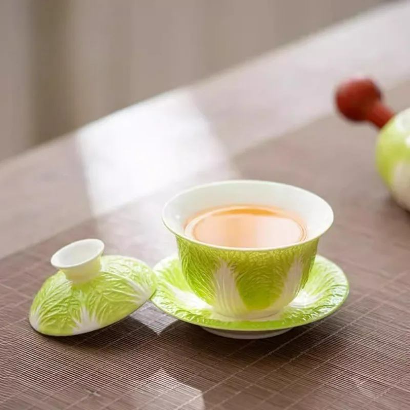 لحم الضأن الدهون اليشم الخزف باي كاي Gaiwan الأبيض طقم شاي سيراميك الإبداعية المنزل استخدام الملفوف تصميم الكونغ فو كوب تخمير مع غطاء