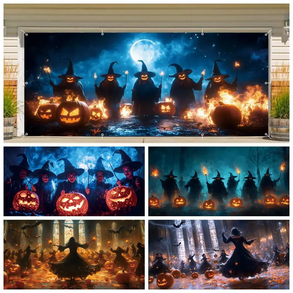 

Halloween Garage Door Decoration Backdrop Horror Pumpkin Witch Party Large Hanging Background for Home Yard Indoor Outdoor Party