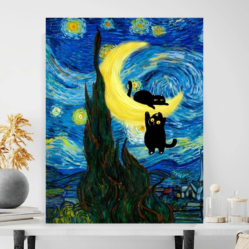 Jigsaw Puzzles Funny Black Cat Starry Night 500/1000/1200/2000 PCS Modern Wall Decor for Living Room Bedroom Gift No Frame