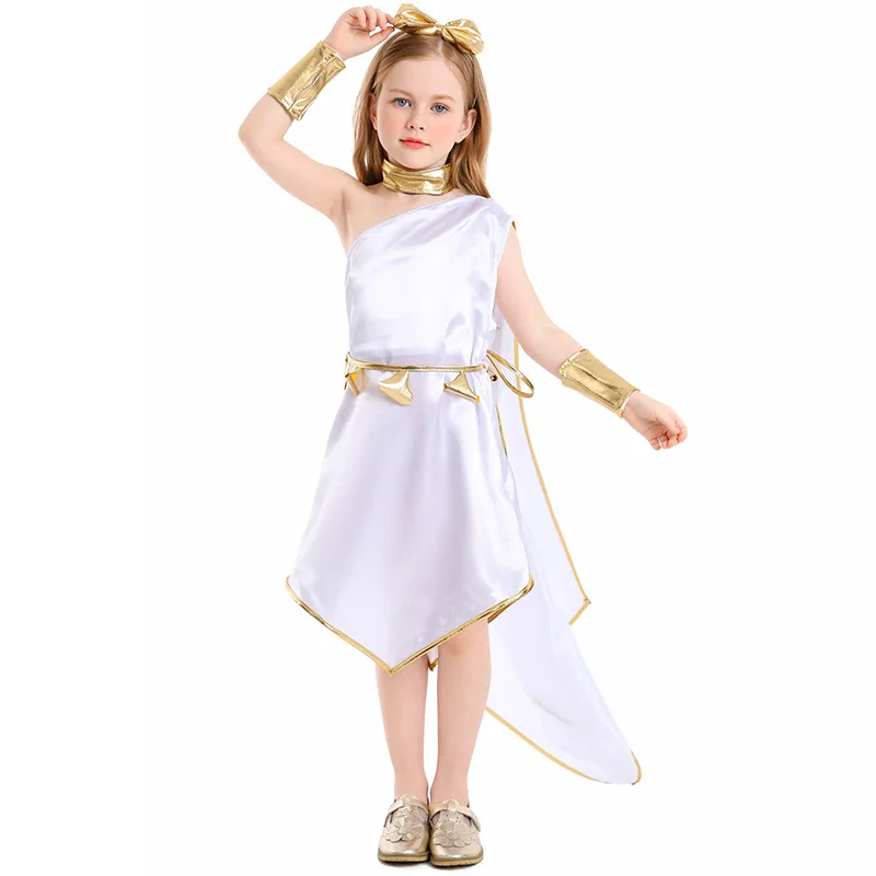 Disfraz de diosa griega antigua para niños y mujeres, vestido de fantasía para fiesta de Halloween, princesas romanas blancas, Purim