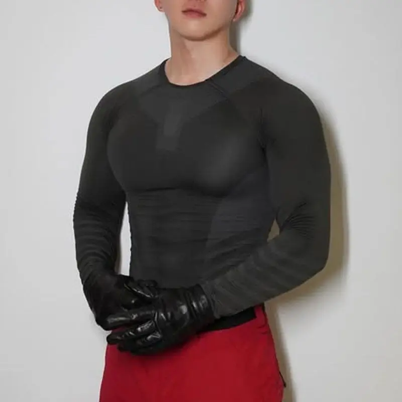 

Мужская компрессионная футболка с длинным рукавом для фитнеса: быстросохнущая, дышащая, облегающая, для бега и тренировок, комфортная, из смесового полиэстера