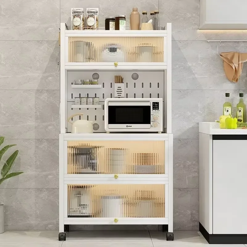 Kitchen Storage Cabinet Carbon Steel 5-Tier Multi-Purpose Movable Dustproof Floor-Standing Doors Household Sideboard Food