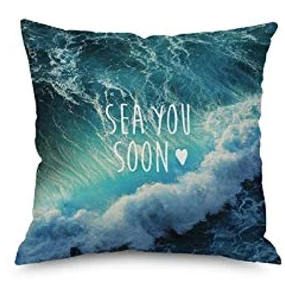 Summer Cool Blue Sea Wave, Ocean Wind Decoration Pillow Cover, Single-Sided Printing, Linen Square Cushion Cover