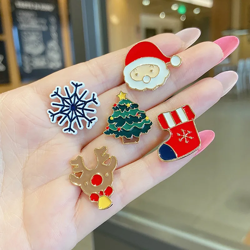 Christmas Pin Cute Red Green Cartoon Snowman Tree Reindeer Santa Alloy Lightweight Sturdy Versatile for Bag Holiday Gift