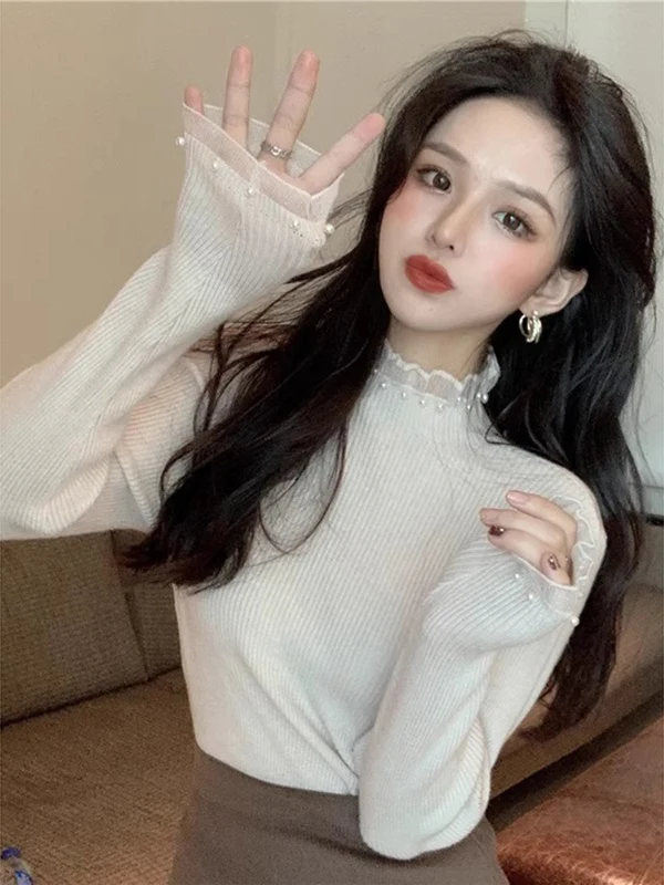 

Sli Knitted Base Layer irt Women's Faion Spring Autumn Winter f High Collar Inner Wear Design Sense Sweater Top