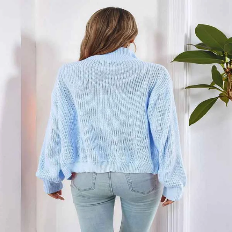 Dames gebreid vest met col en lange mouwen Herfst en winter Los gebreid vest met ritssluiting