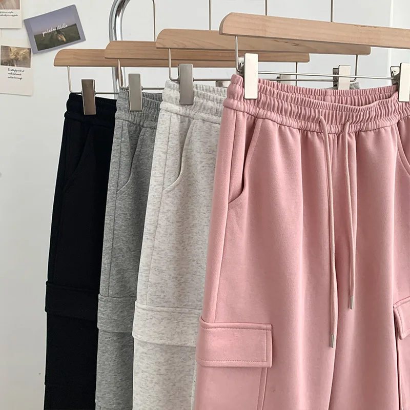 Frühling Damen Baumwoll bombe Cargo hose 2024 neue Damen hohe Taille Kordel zug Multi Tasche Krawatte Füße gerades Bein weites Bein Hosen