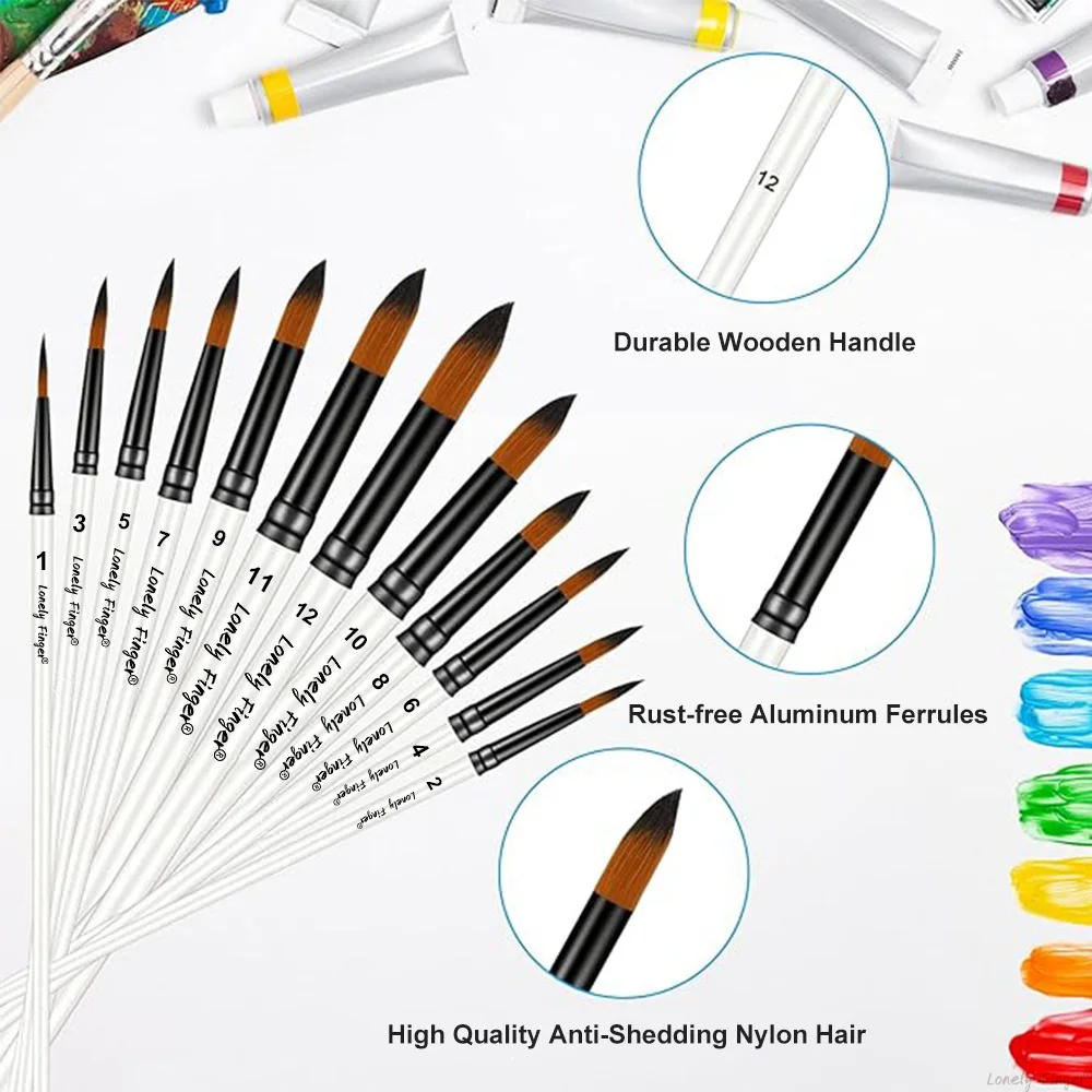 Juego de pinceles de pintura artística de nailon blanco, 12 Uds., para acrílico, óleo, Gouache, pintura facial, Kit de pinceles redondos para manualidades