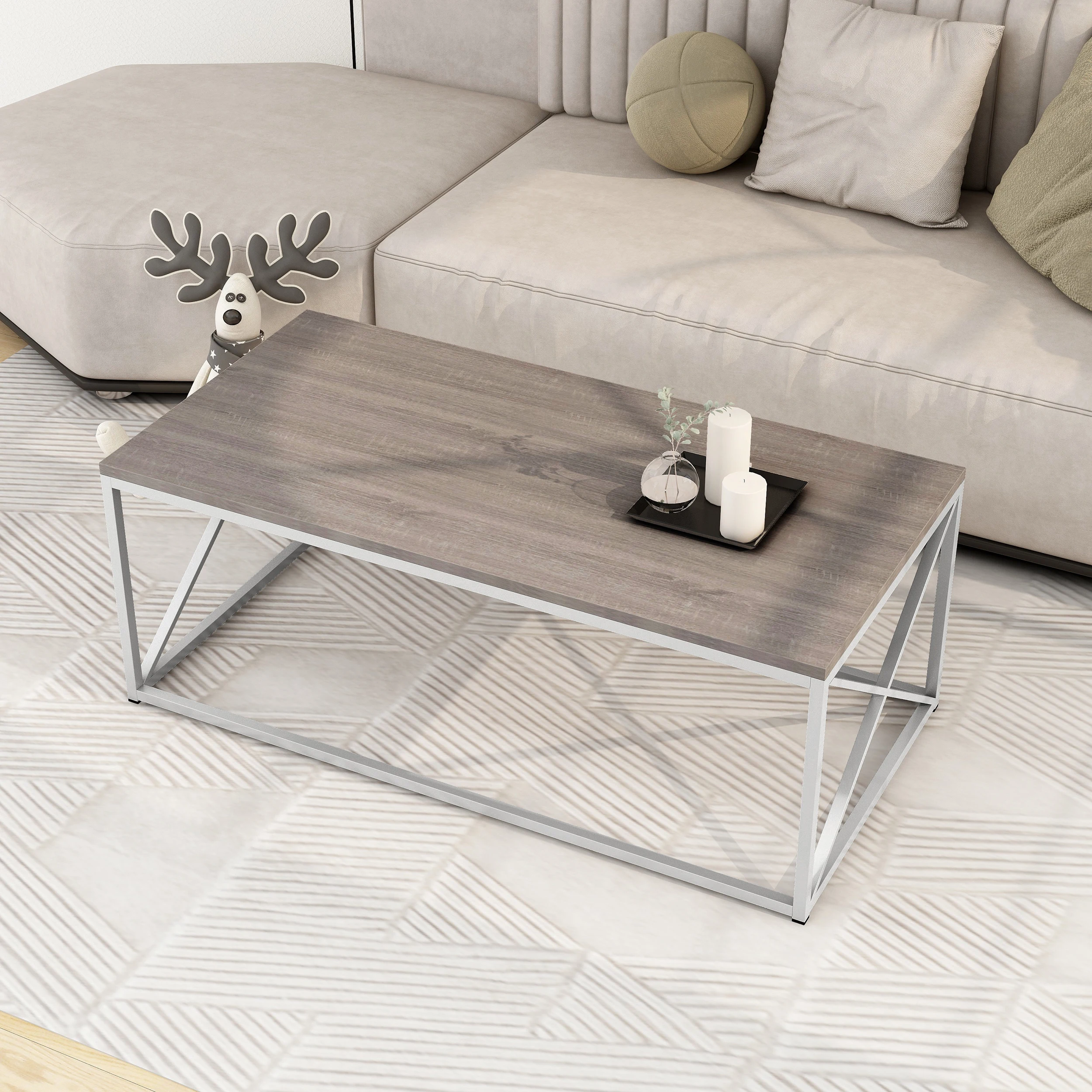 Coffee Table with Wood Top Modern Side Silver Coffee Table with Sturdy Metal Legs Quality Wood Rectangular Sofa Side Table