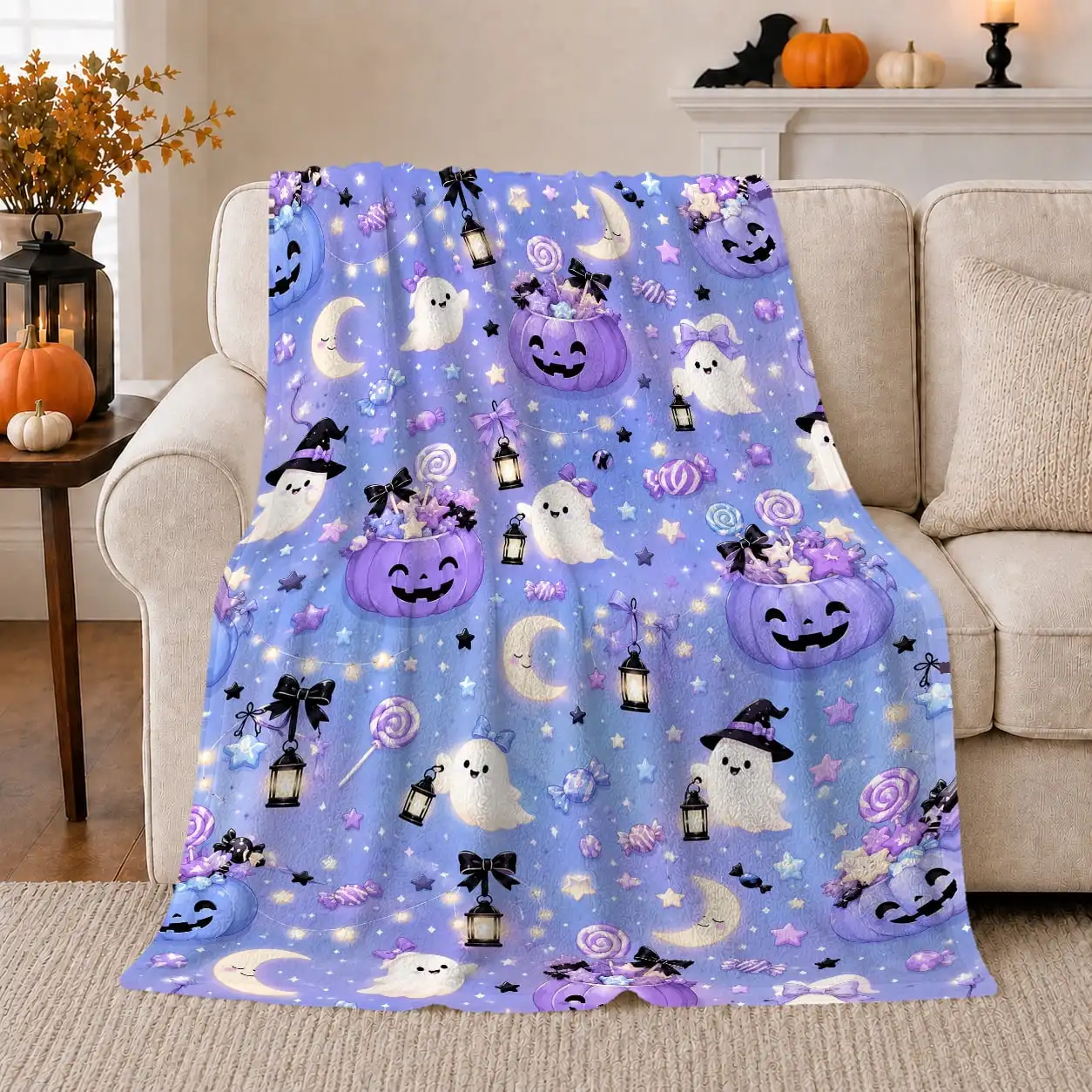 Whimsical Halloween Ghost Pumpkin Print, Festive Halloween Scene, Warm Flannel Blanket for Living Room and Family Room
