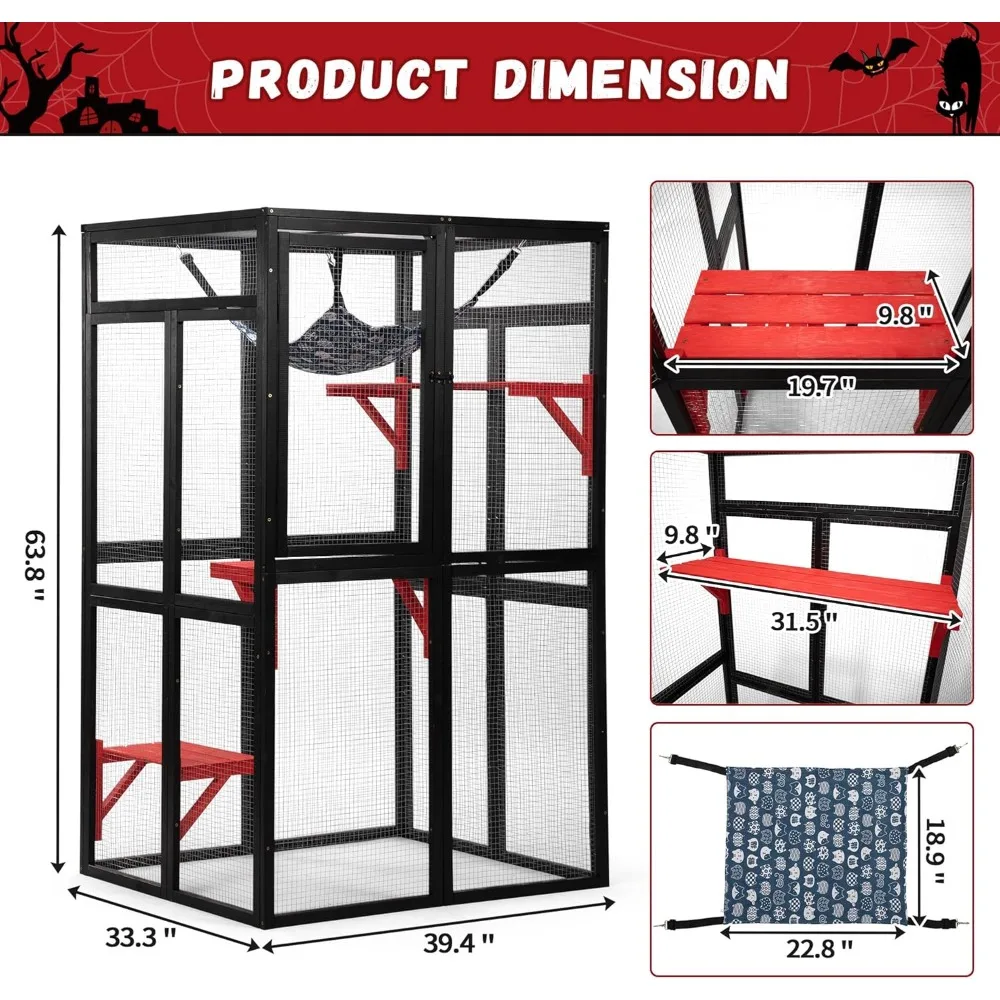 Catio Outdoor Cat Enclosure Window Access, Wooden Cat House, Indoor Cat Cage with Hammock for Patio