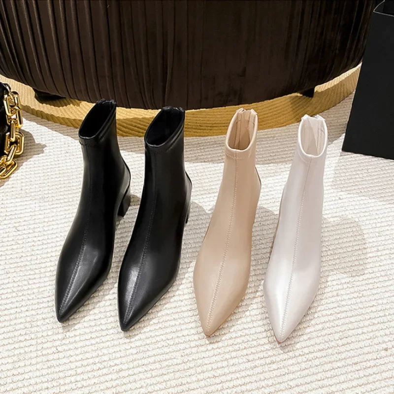 Elegant Women's Short Boots Z-Gate High Heels Tan Colour Slimming Boots Thick Heels White Naked Boots For Autumn Winter