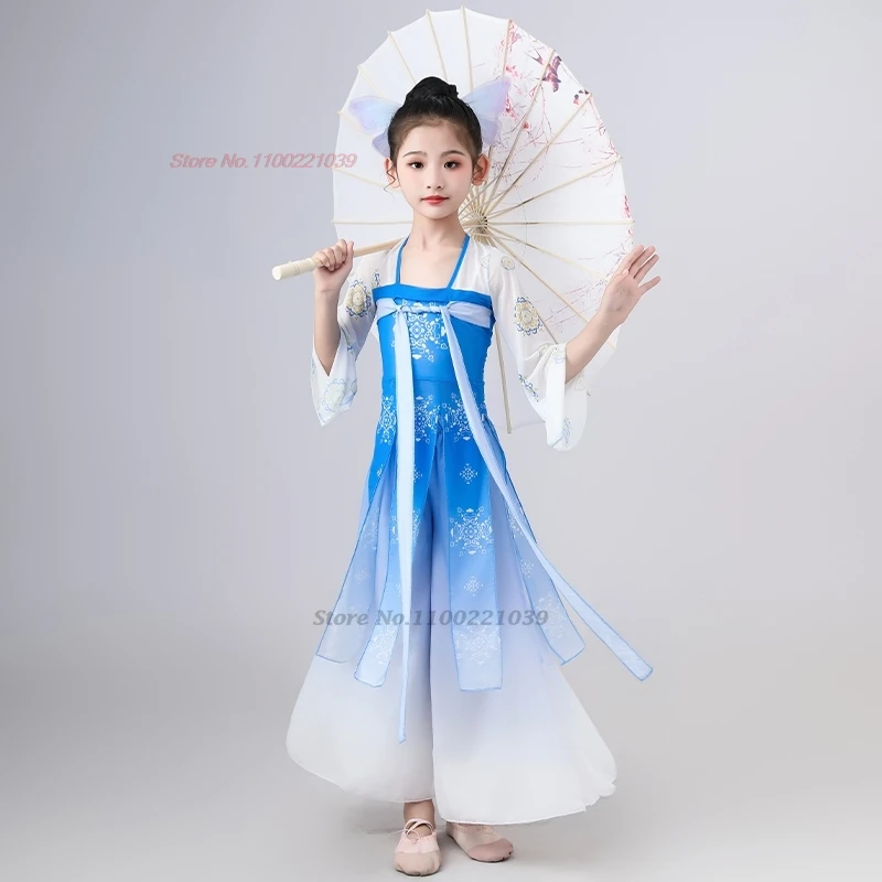 2025 traditional chinese children dress performance hanfu tops+pants set national gradient color dance costume training exercise
