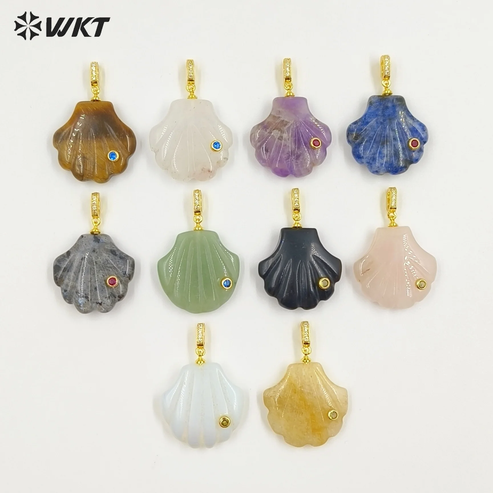 WT-P2097 Smooth And Texture Fans Shape Shell Gemstone Zircon Hook Pendants Tigereye Opal Stone Accessory Making