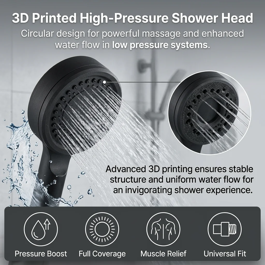 High-Pressure Shower Head Powerful for Bathroom Gym 3D Printed Circular Large Flow Massage Spray Nozzle Water Boosting Tool
