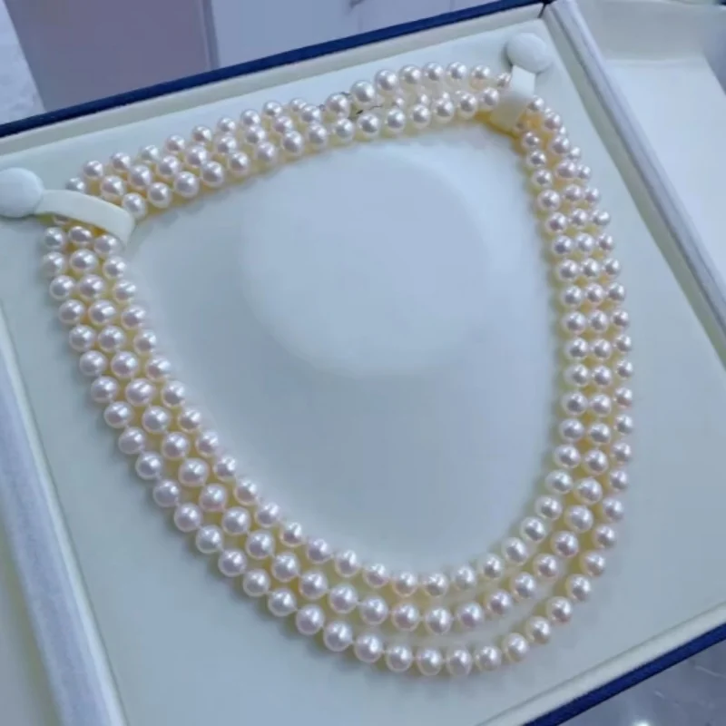 Exquisite Natural round Japanese Pearl Necklace AAAA 7-8mm 925 Silver 35inch 50inch Length Elegant Jewelry Accessory