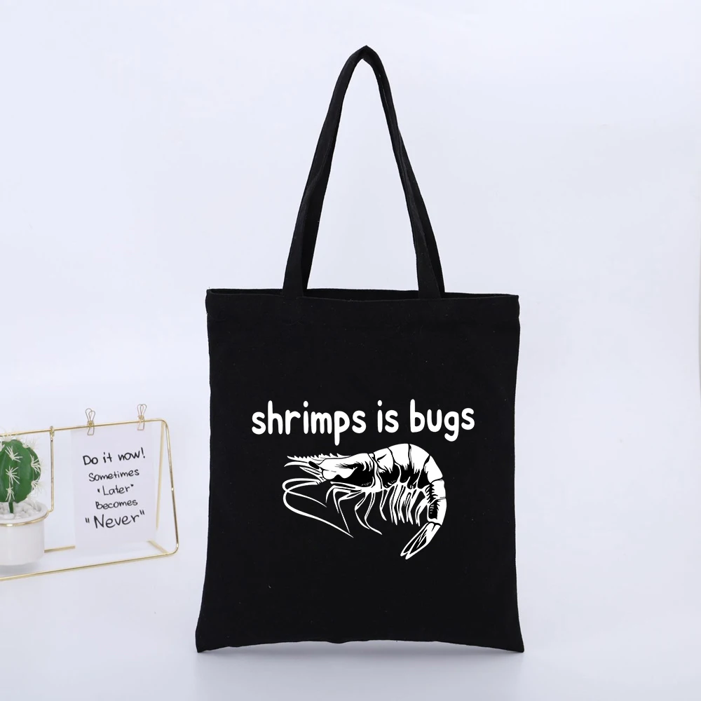 Shrimp Graphic Black Canvas Tote Bag with Typography Print, Casual Shopping and Daily Use