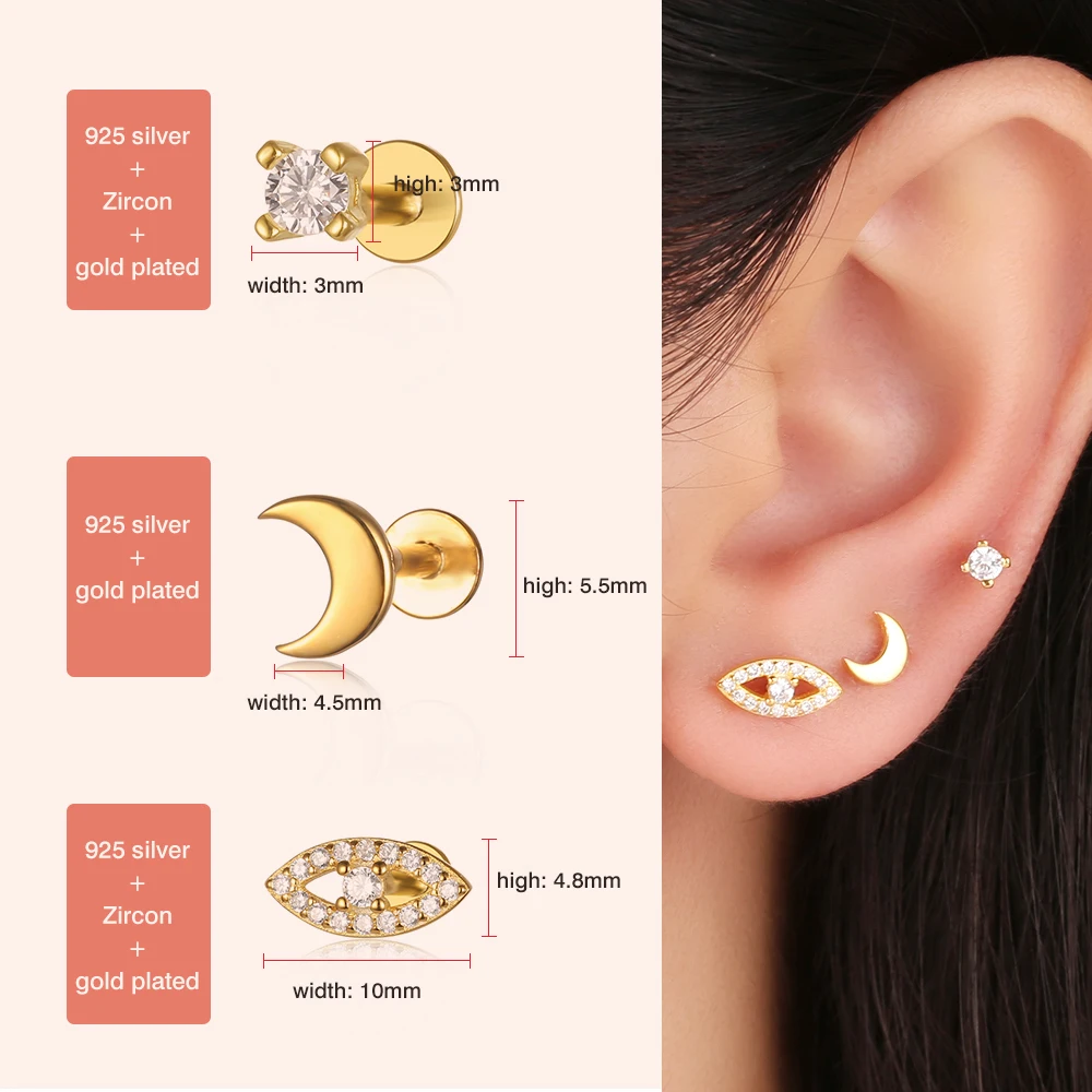 1PC S925 Multi Size CZ Blue Eye Stud Earrings for Women Ear Piercing Screw Stud Earring Pendiente Gold Plated Jewelry