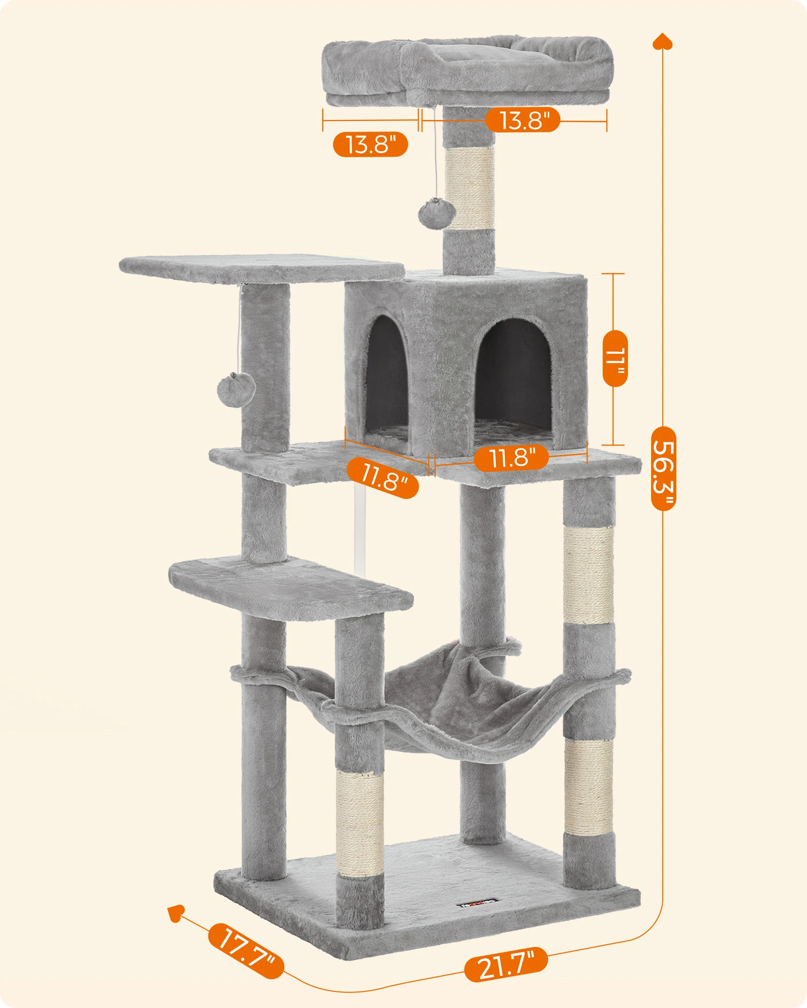 Feandrea Cat Tree, 56.3-Inch Cat Tower for Indoor Cats, Multi-Level Cat Condo with 4 Scratching Posts, 2 Perches, Hammock, Cave