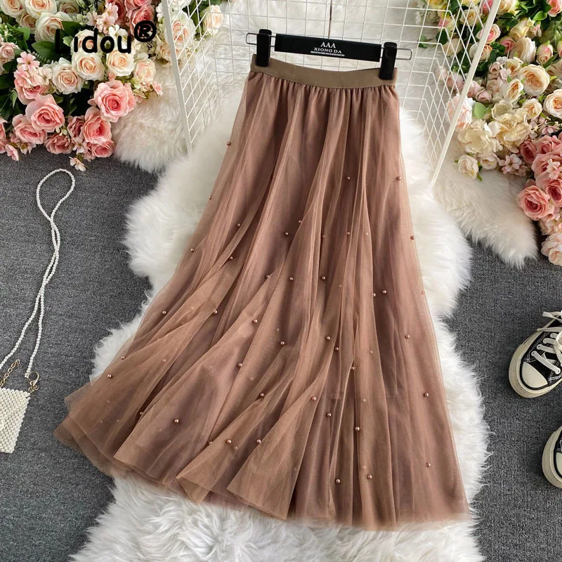 Classic Solid Color Nail Bead Bright Silk Slim Mesh A-word Skirt High Waisted Korean Casual All-match Fashion Lady Skirt 2023