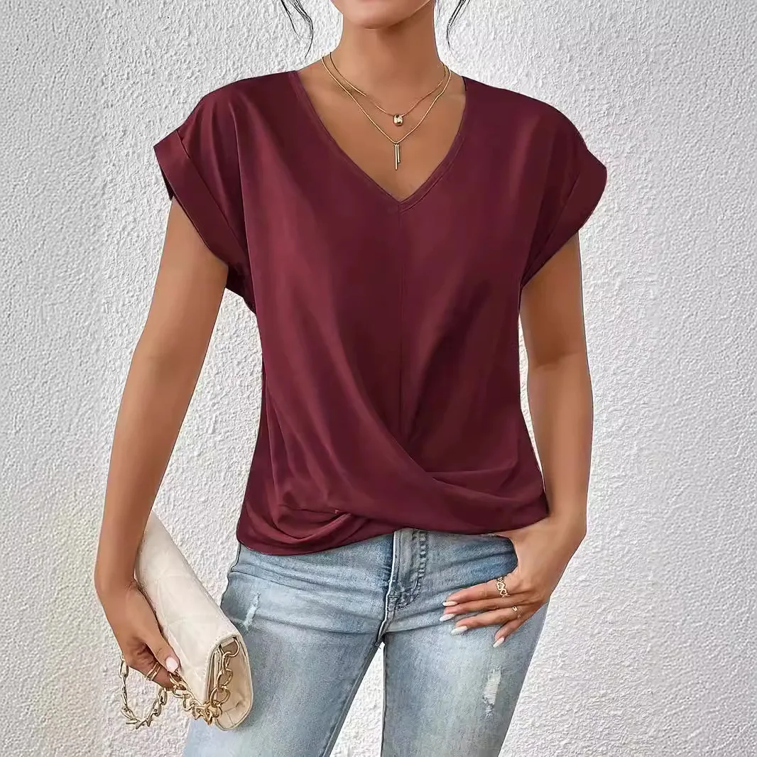 

Ele Color V-Ne T-irt ort Sve Summer Women's Faion Cross-Border Knitted Top Pure Color Classy Trend 2025