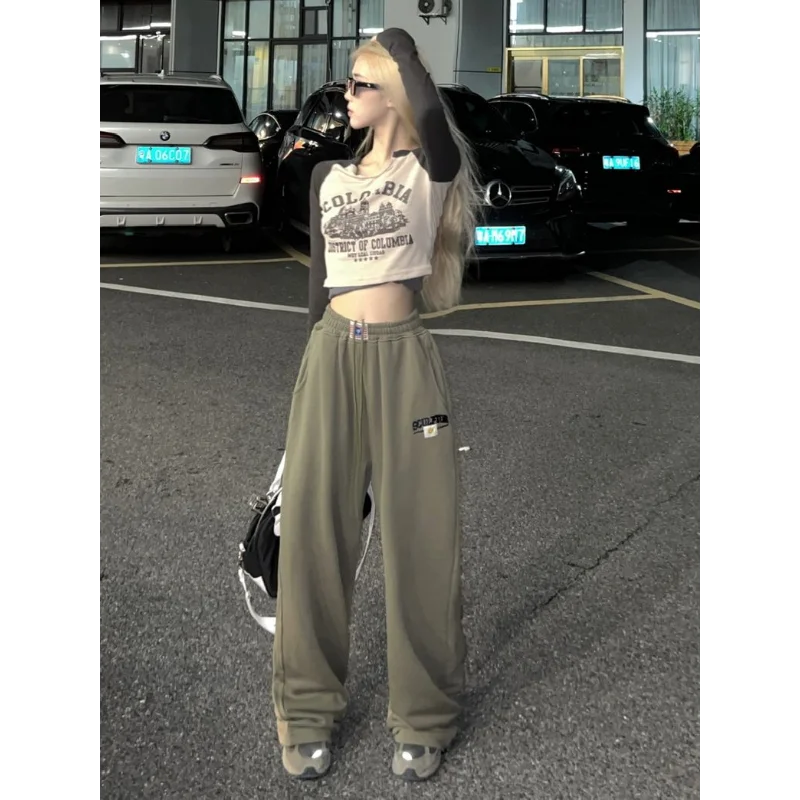 American Retro Cuffed Pants Women Summer High Waist Straight Wide Leg Casual Sport Pants