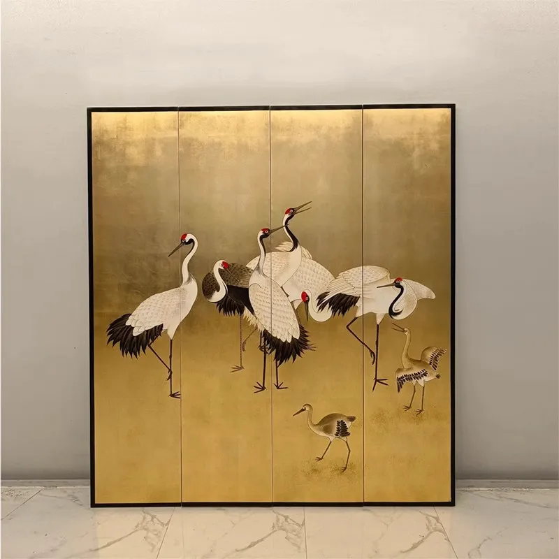 Japanese-style crane return folding mobile medieval screen gold foil hand-painted lacquer painting living room partition backgro